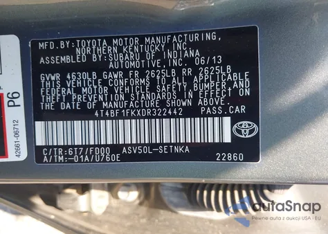2013 Toyota Camry Le z USA, uszkodzony, nr VIN 4T4BF1FKXDR322442